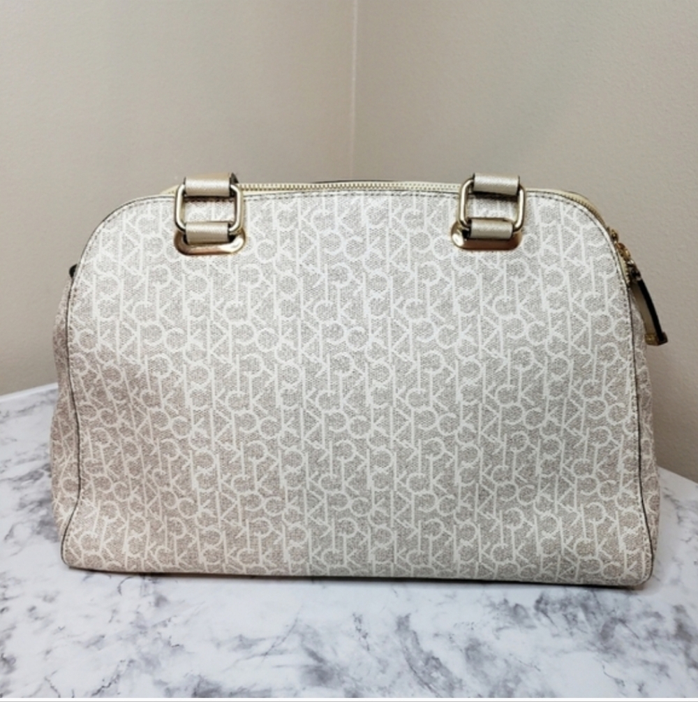 Calvin Klein Large Almond Monogram Satchel - Like New | Metallic Gold & Cream - Picture 6 of 16